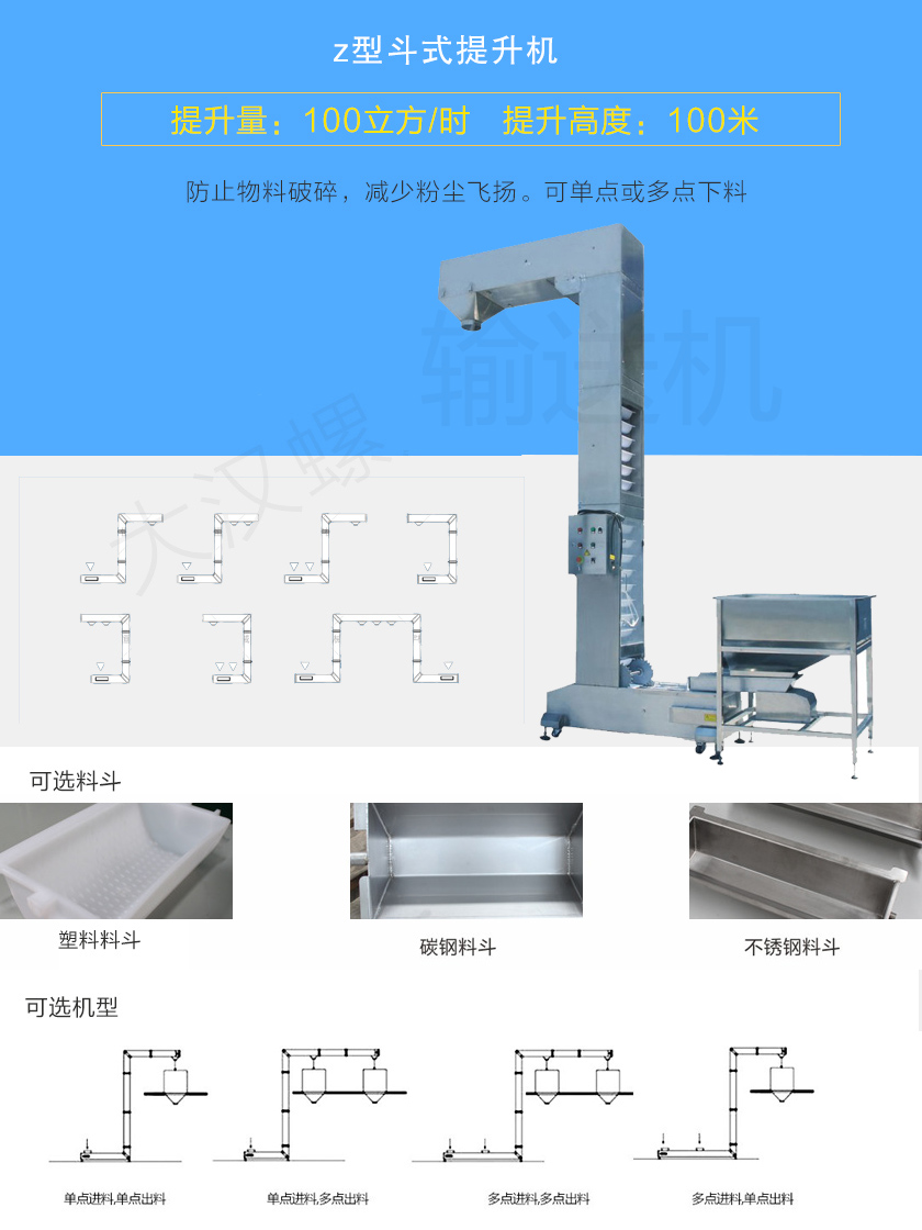 z型鬥式提（tí）升機對物料本身破（pò）損小，降低廢品率。整機殼體密封，降低粉塵飛揚，可（kě）z型、c型或混合（hé）型使用，單點或多點自動下料