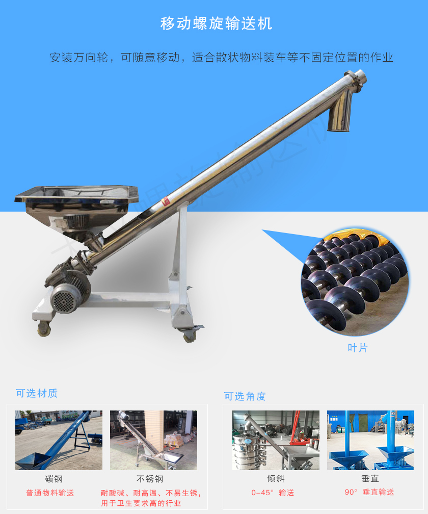 移動螺旋輸送機主（zhǔ）要安（ān）裝有行走輪，可隨意移動，人工即可推動出入（rù）倉庫，主要用於裝卸地方變動的場合